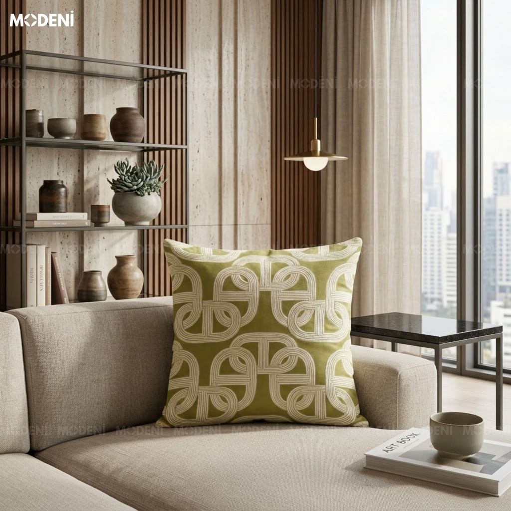 Vỏ Gối Sofa Tidal Xanh – Vải Jacquard Phối Cotton Linen Nút Dây Đan Bắc Â