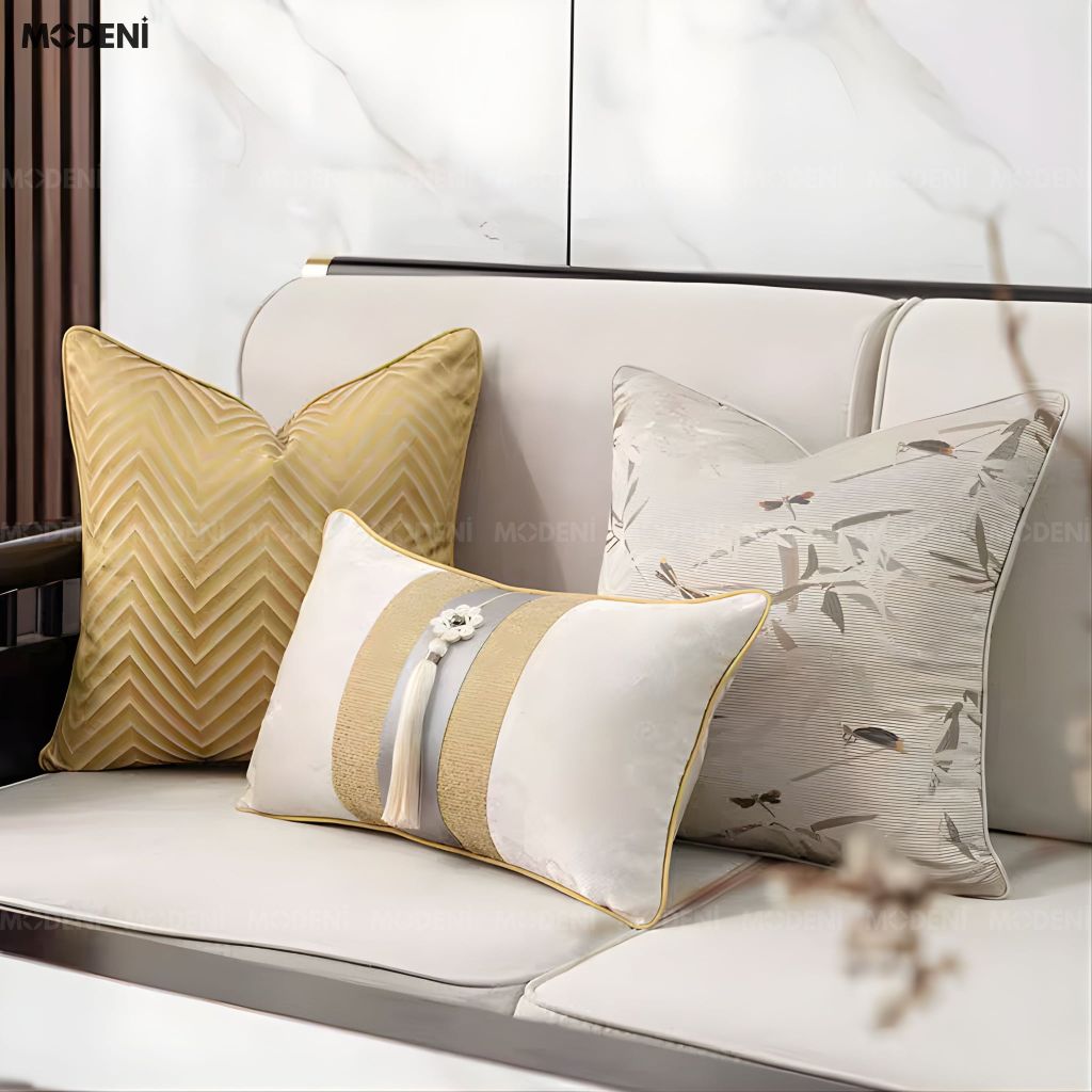 Vỏ Gối Sofa Halo – Vải Jackquard Phối Vải Nhung Họa Tiết Trúc Dệt Nổi Thêu Tay Hiện Đại
