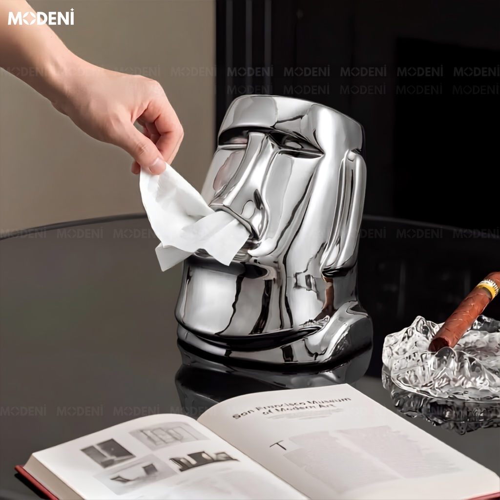 Hộp Khăn Giấy Moai Silver Gốm Sứ Cao Cấp Tráng Bạc Nghệ Thuật Hiện Đại Độc Đáo Cho Phòng Khách Và Văn Phòng