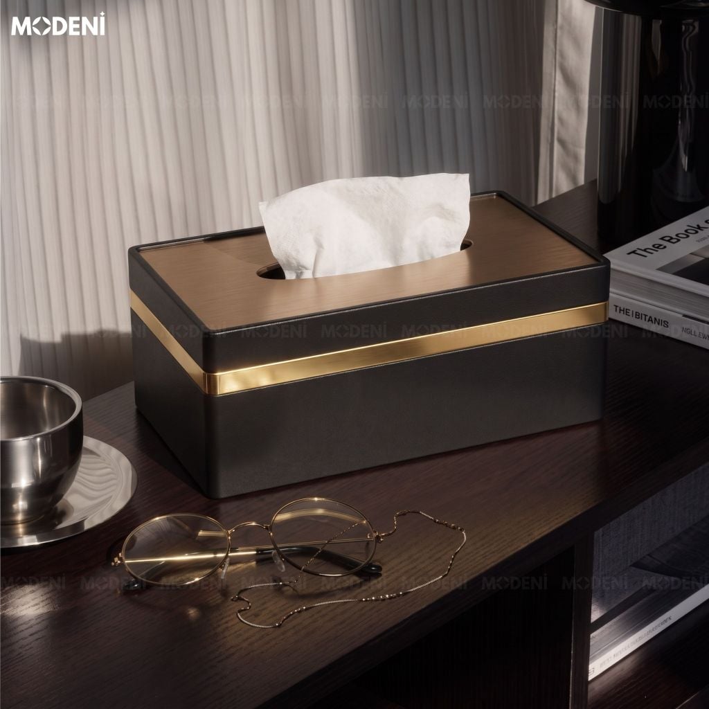 Hộp Khăn Giấy Misa Black Cao Cấp Nắp Kim Loại Mạ Vàng Phong Cách Hiện Đại Sang Trọng Tối Giản Cho Bàn Ăn