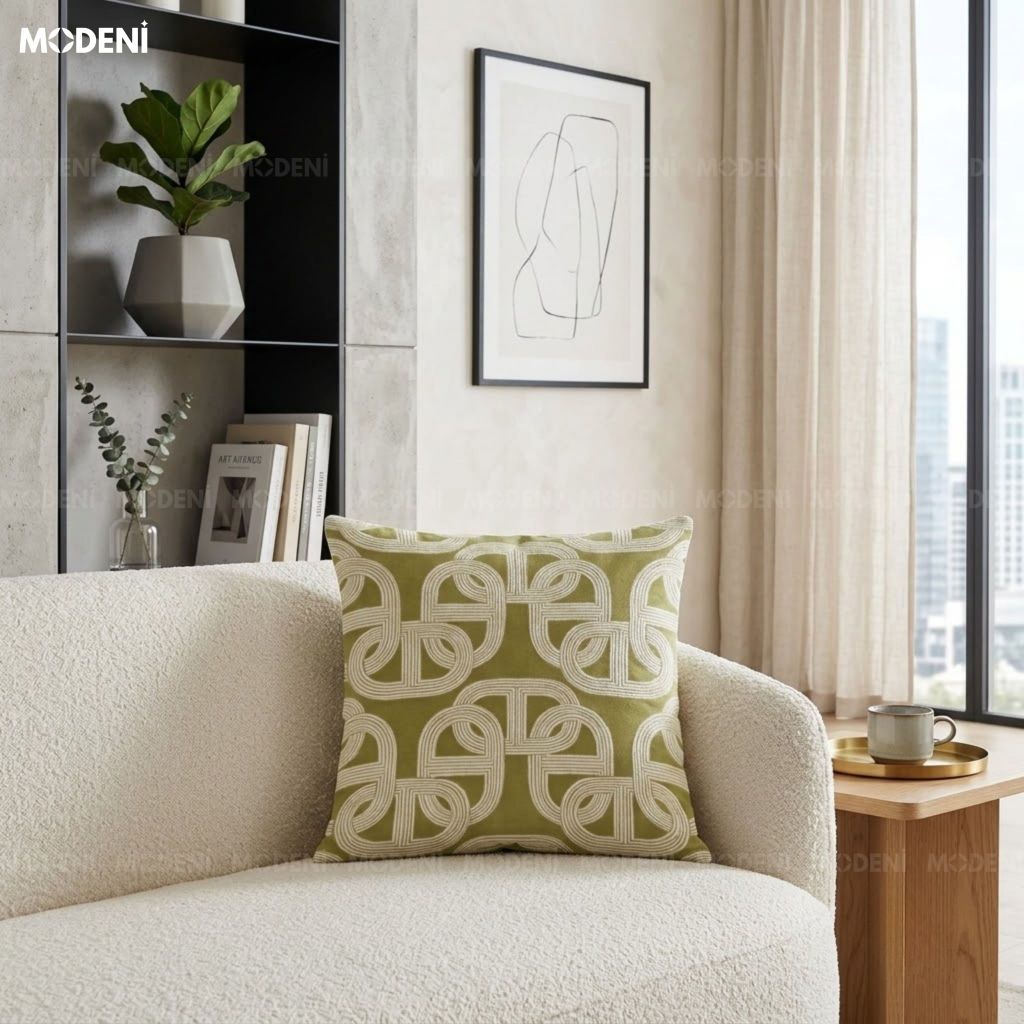 Vỏ Gối Sofa Tidal Xanh – Vải Jacquard Phối Cotton Linen Nút Dây Đan Bắc Â