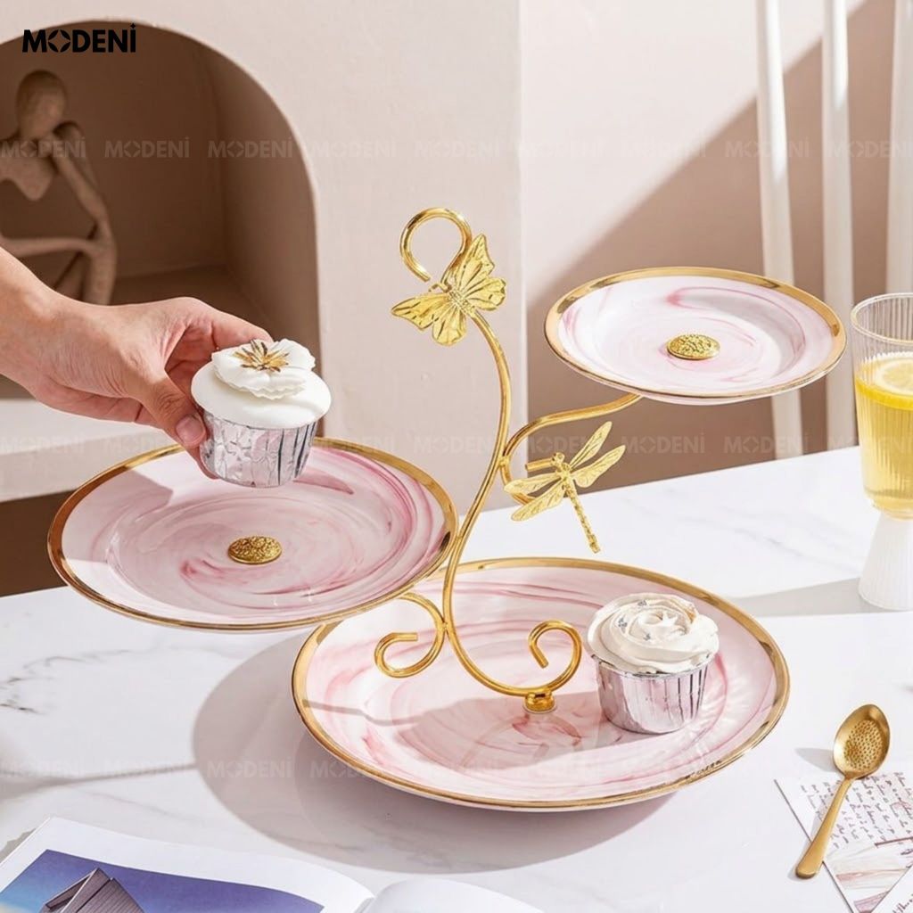 Khay 3 Tầng Papillon Hồng Kim Loại Phối Sứ Phong Cách Châu Âu Khung Mạ Vàng Đính Bướm Cho Bàn Tiệc Trà