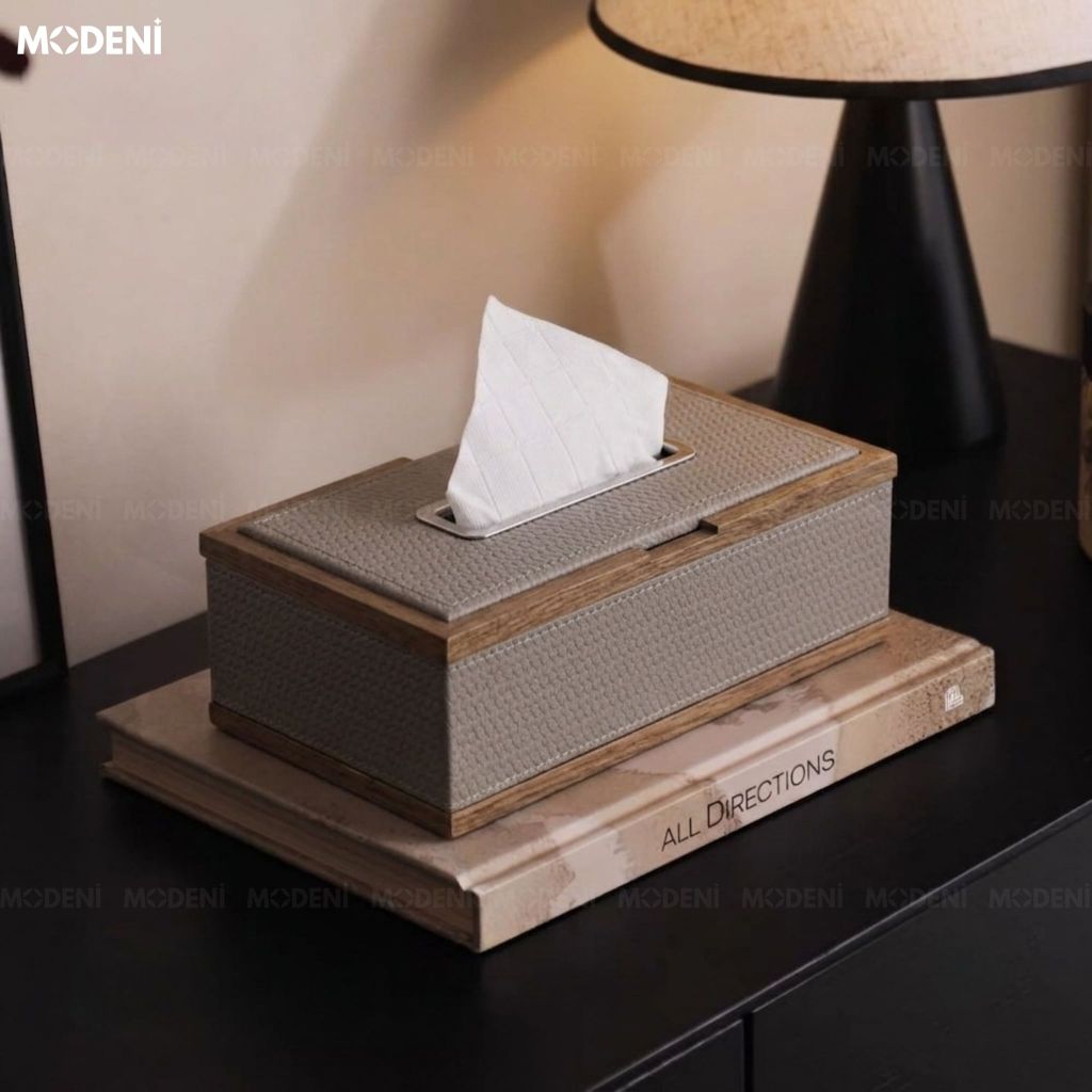 Hộp Khăn Giấy Orna Xám Gỗ Phối Da Cao Cấp Phong Cách Japandi Tối Giản Sang Trọng Cho Phòng Ngủ Và Văn Phòng