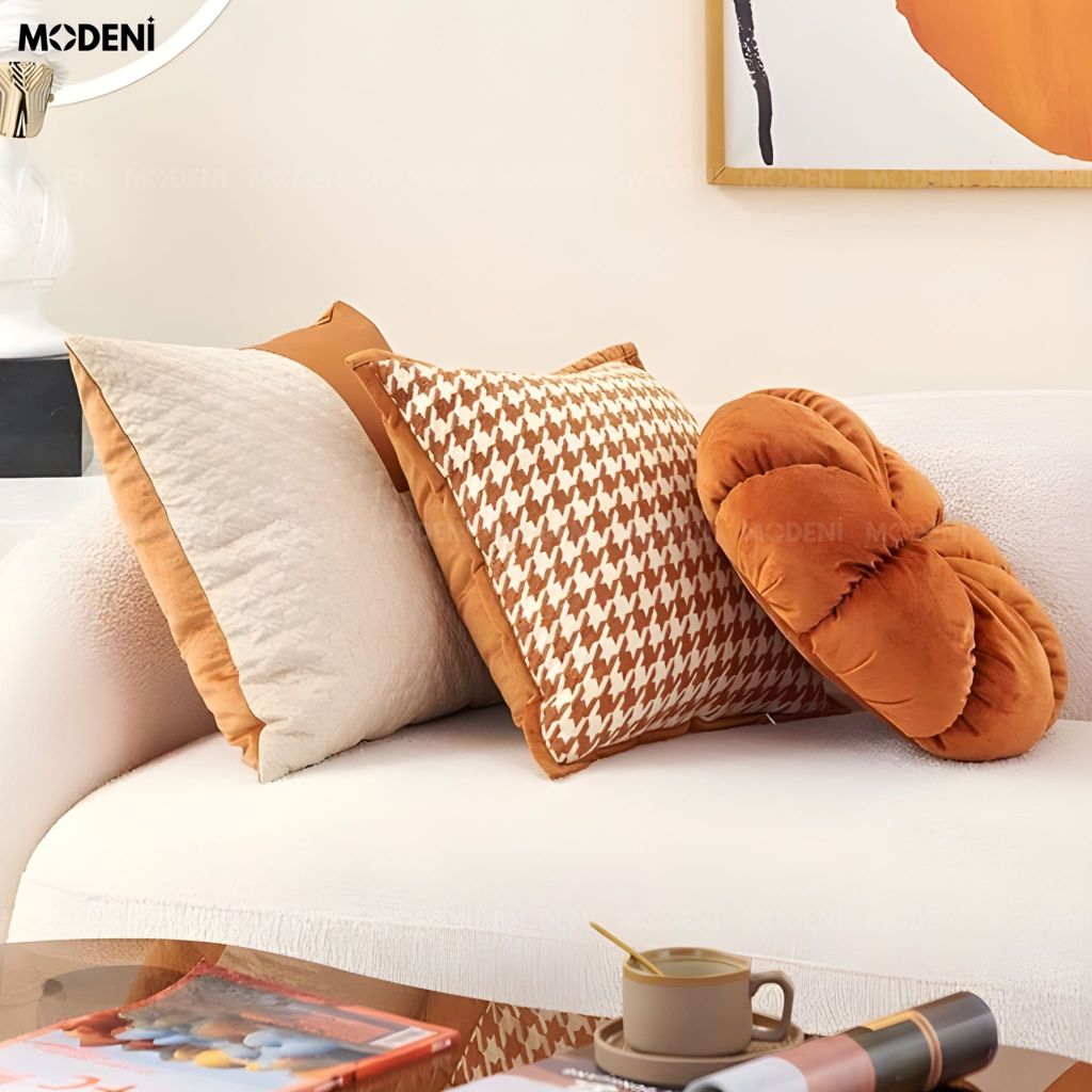 Vỏ Gối Sofa Driftmark – Vải Cashmere Phối Nhung Họa Tiết Caro Răng Sói May Dệt Retro