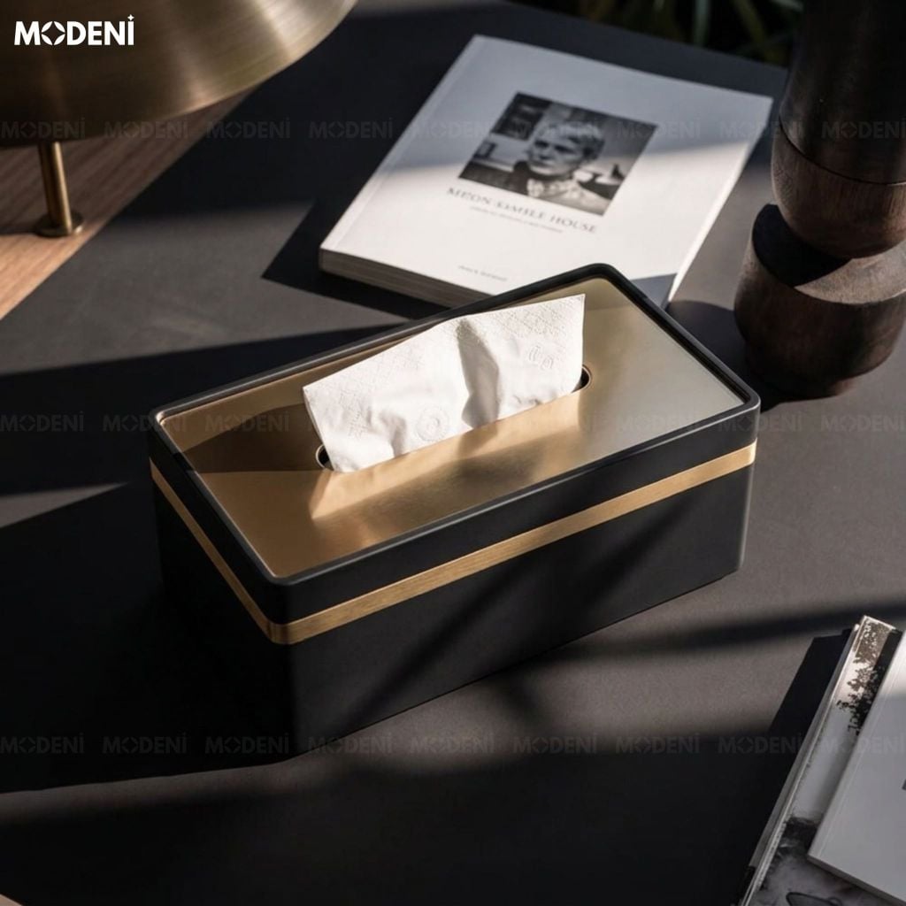 Hộp Khăn Giấy Misa Black Cao Cấp Nắp Kim Loại Mạ Vàng Phong Cách Hiện Đại Sang Trọng Tối Giản Cho Bàn Ăn