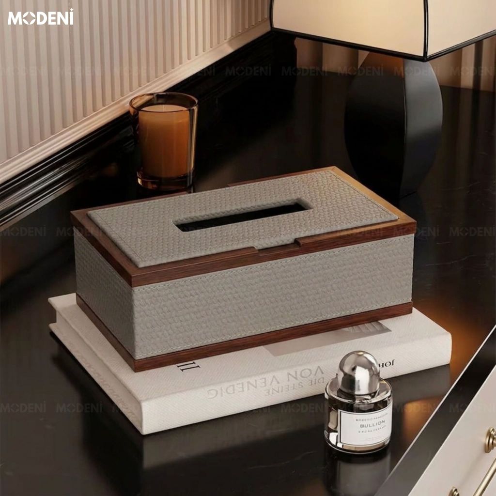 Hộp Khăn Giấy Orna Xám Gỗ Phối Da Cao Cấp Phong Cách Japandi Tối Giản Sang Trọng Cho Phòng Ngủ Và Văn Phòng