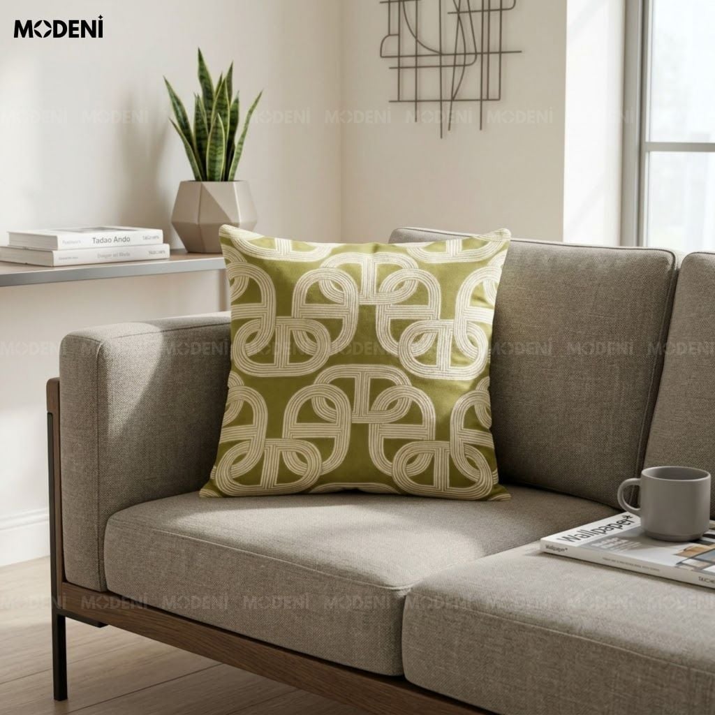 Vỏ Gối Sofa Tidal Xanh – Vải Jacquard Phối Cotton Linen Nút Dây Đan Bắc Â