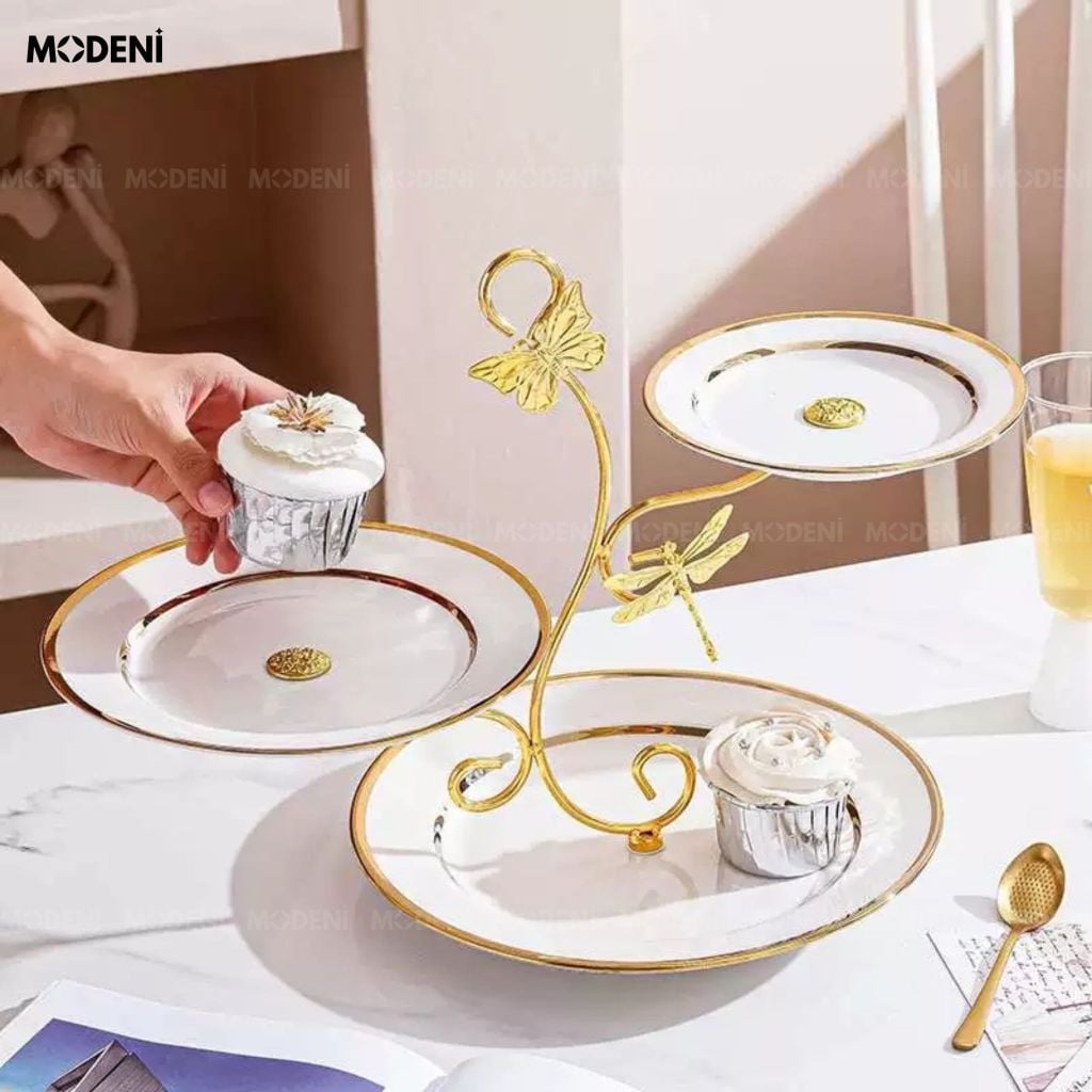 Khay 3 Tầng Papillon Trắng Kim Loại Phối Sứ Phong Cách Châu Âu Khung Mạ Vàng Đính Bướm Cho Bàn Tiệc Trà