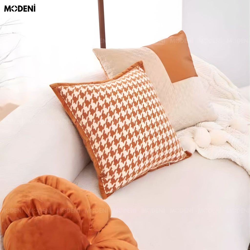 Vỏ Gối Sofa Driftmark – Vải Cashmere Phối Nhung Họa Tiết Caro Răng Sói May Dệt Retro