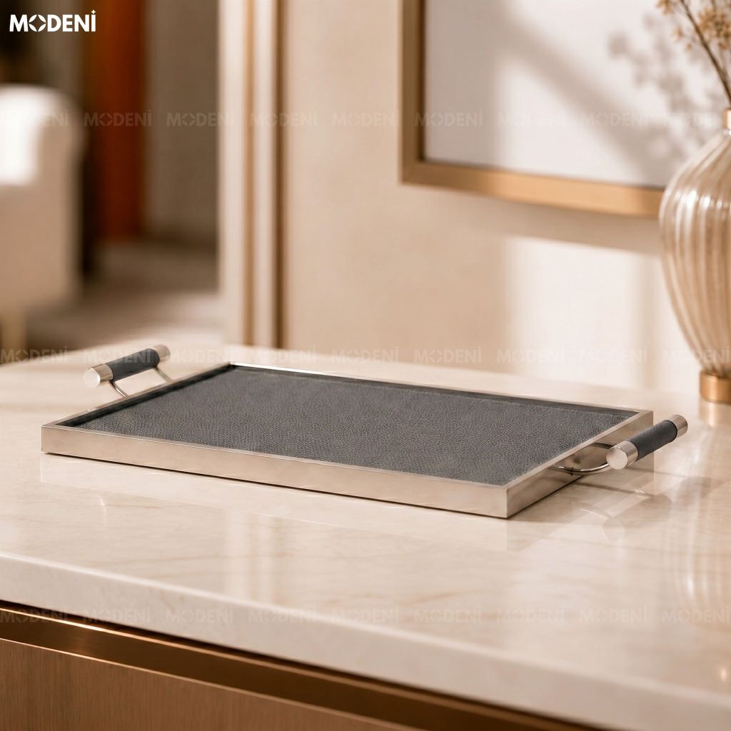 Khay Trang Trí Ivory Ellie Hợp Kim Cao Cấp Phối Da Xám Phong Cách Bắc Âu Elegance