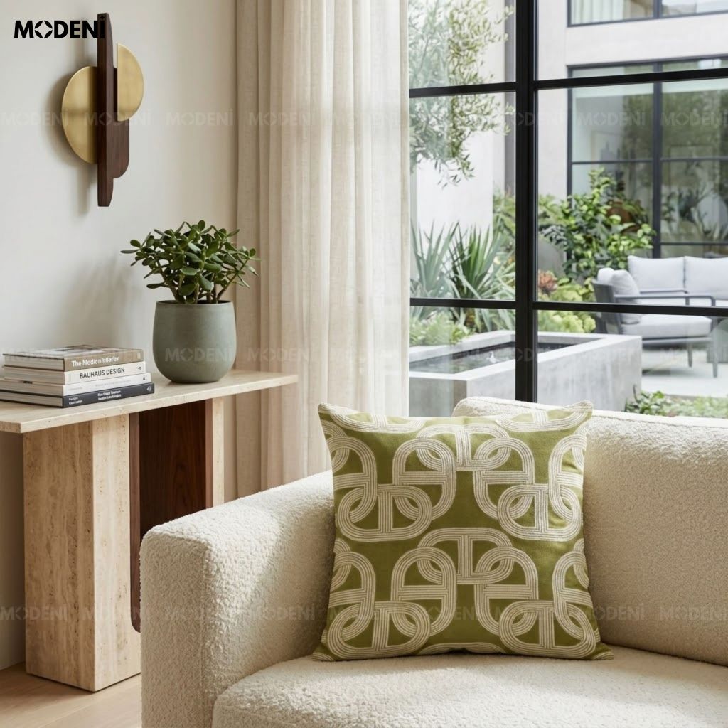 Vỏ Gối Sofa Tidal Xanh – Vải Jacquard Phối Cotton Linen Nút Dây Đan Bắc Â