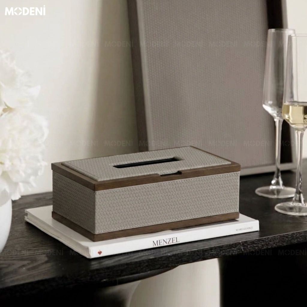 Hộp Khăn Giấy Orna Xám Gỗ Phối Da Cao Cấp Phong Cách Japandi Tối Giản Sang Trọng Cho Phòng Ngủ Và Văn Phòng