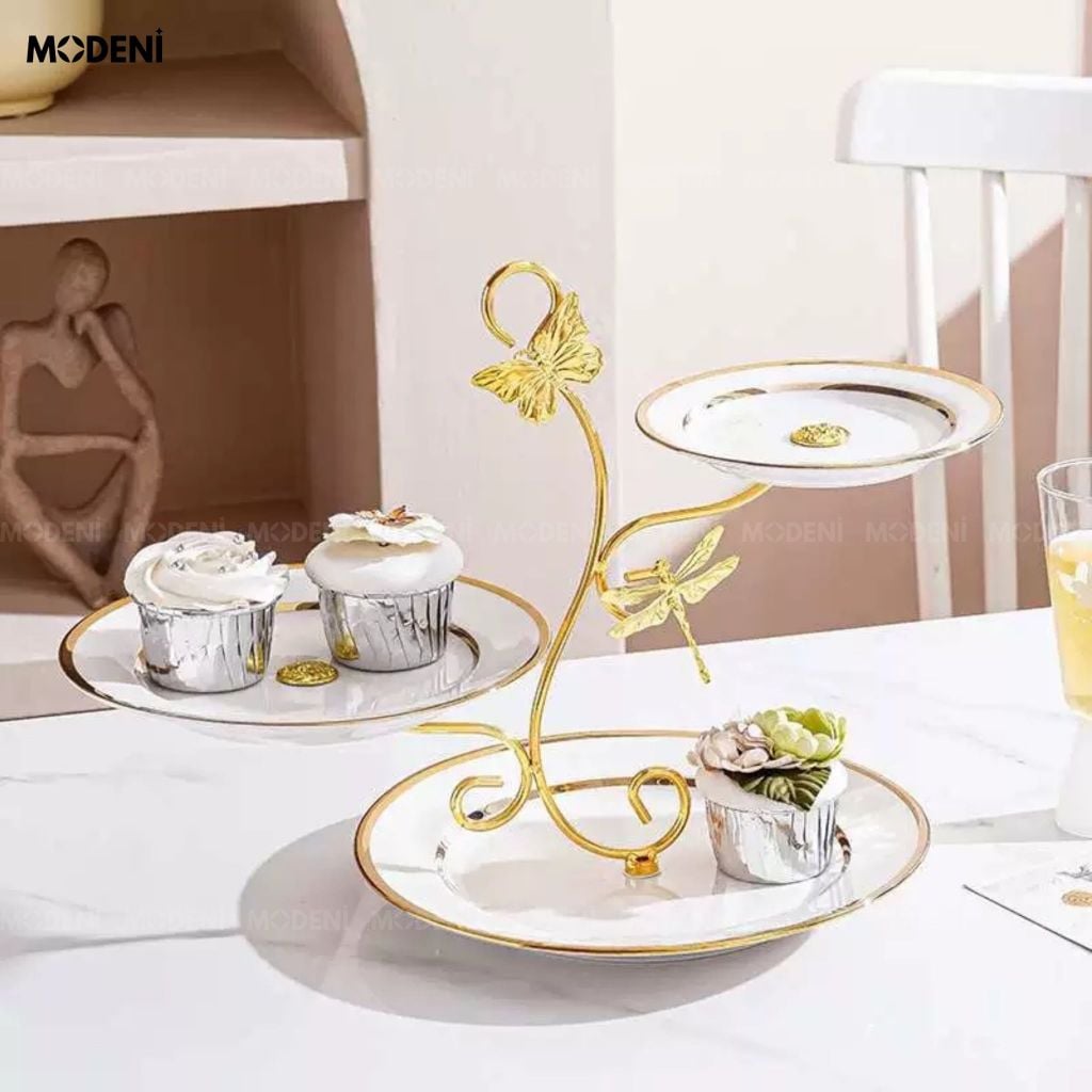 Khay 3 Tầng Papillon Trắng Kim Loại Phối Sứ Phong Cách Châu Âu Khung Mạ Vàng Đính Bướm Cho Bàn Tiệc Trà