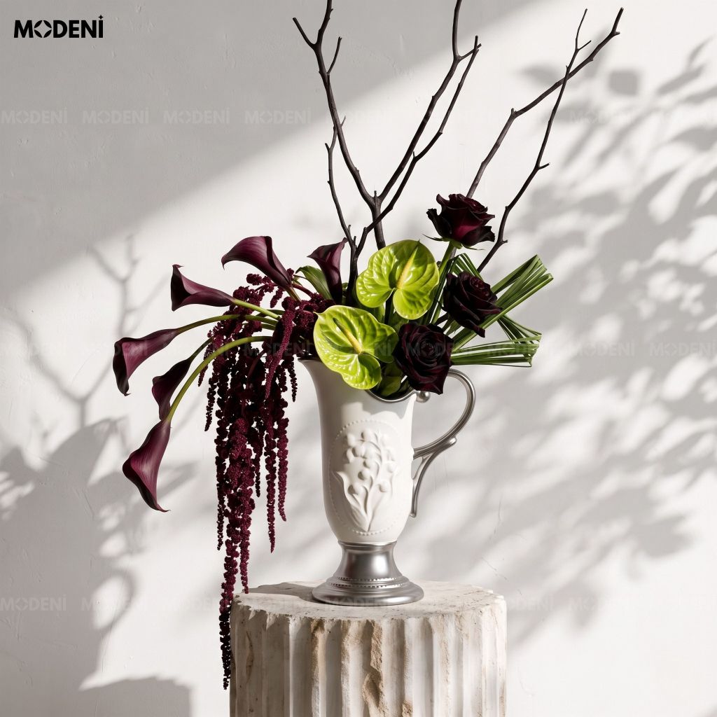Bình Hoa Sứ Silver Gratia Cao Cấp Ánh Bạc Cổ Điển | Tay Cầm Cong Nghệ Thuật – Decor Bàn Console, Bàn Ăn Sang Trọng