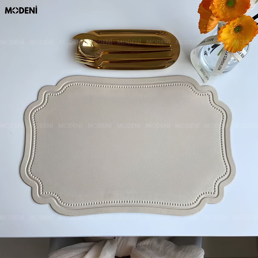 Tấm Lót Bàn Ăn Lancelot Placemat PVC Giả Da Xám Tân Cổ Điển Chống Thấm Nước Cho Bàn Tiệc Hoàng Gia