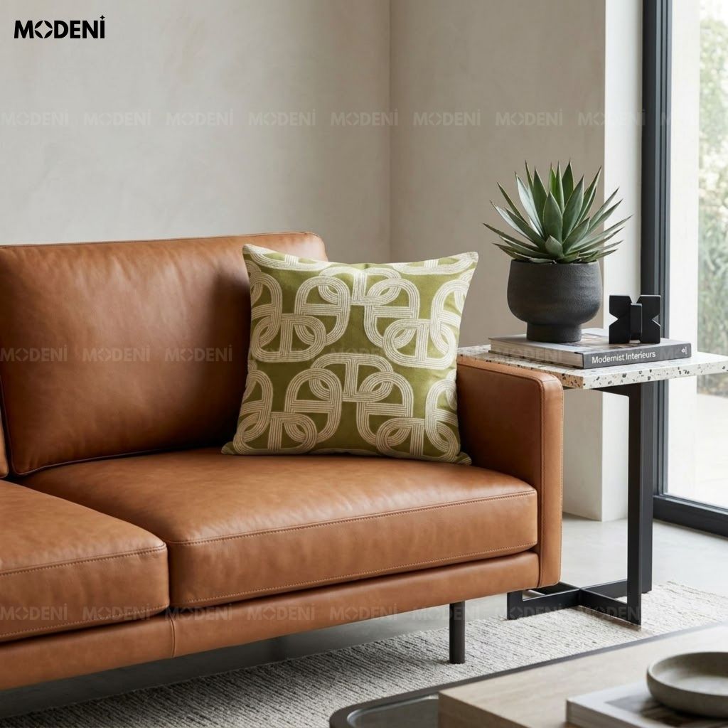 Vỏ Gối Sofa Tidal Xanh – Vải Jacquard Phối Cotton Linen Nút Dây Đan Bắc Â