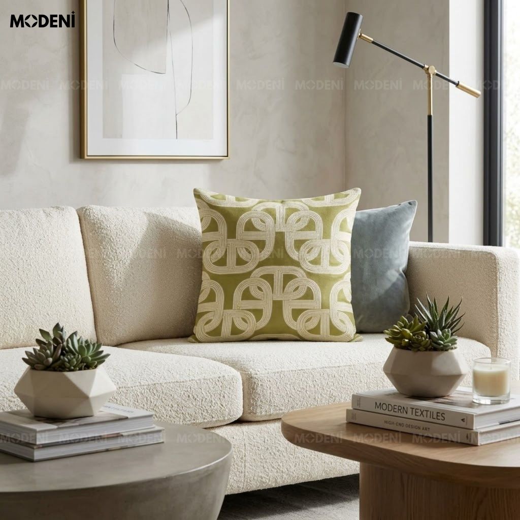 Vỏ Gối Sofa Tidal Xanh – Vải Jacquard Phối Cotton Linen Nút Dây Đan Bắc Â