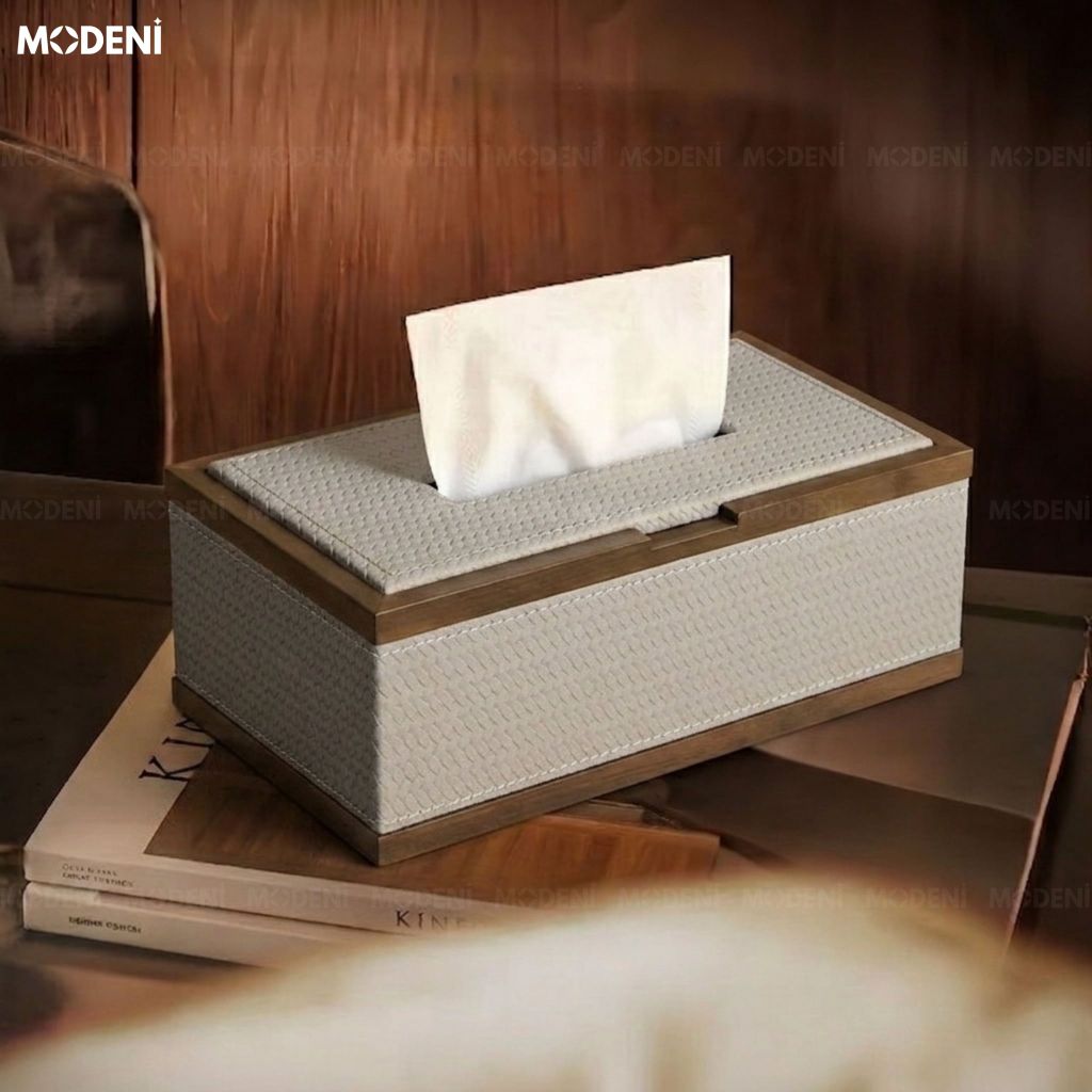 Hộp Khăn Giấy Orna Xám Gỗ Phối Da Cao Cấp Phong Cách Japandi Tối Giản Sang Trọng Cho Phòng Ngủ Và Văn Phòng