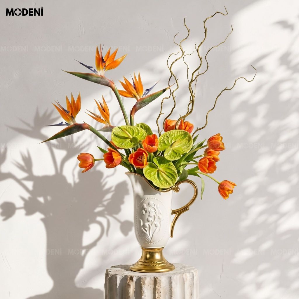 Bình Hoa Sứ Gold Gratia Cao Cấp Ánh Vàng Cổ Điển | Tay Cầm Cong Nghệ Thuật – Decor Bàn Console, Bàn Ăn Sang Trọng