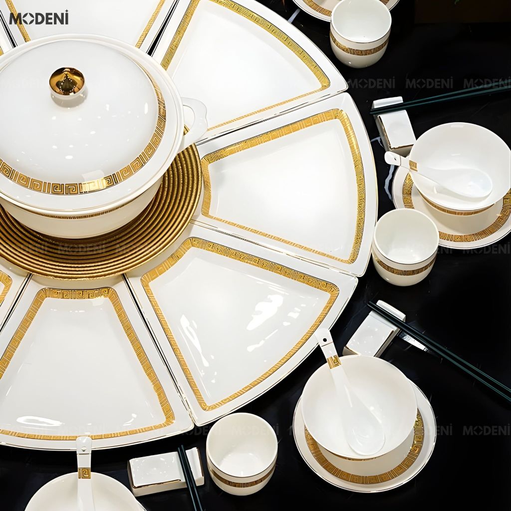 Bộ Chén Đĩa Tròn Sứ Xương Trevi Cao Cấp – Viền Vàng Hoàng Kim Tinh Xảo, Nghệ Thuật Hoàng Gia Cho Bàn Tiệc Sang Trọng