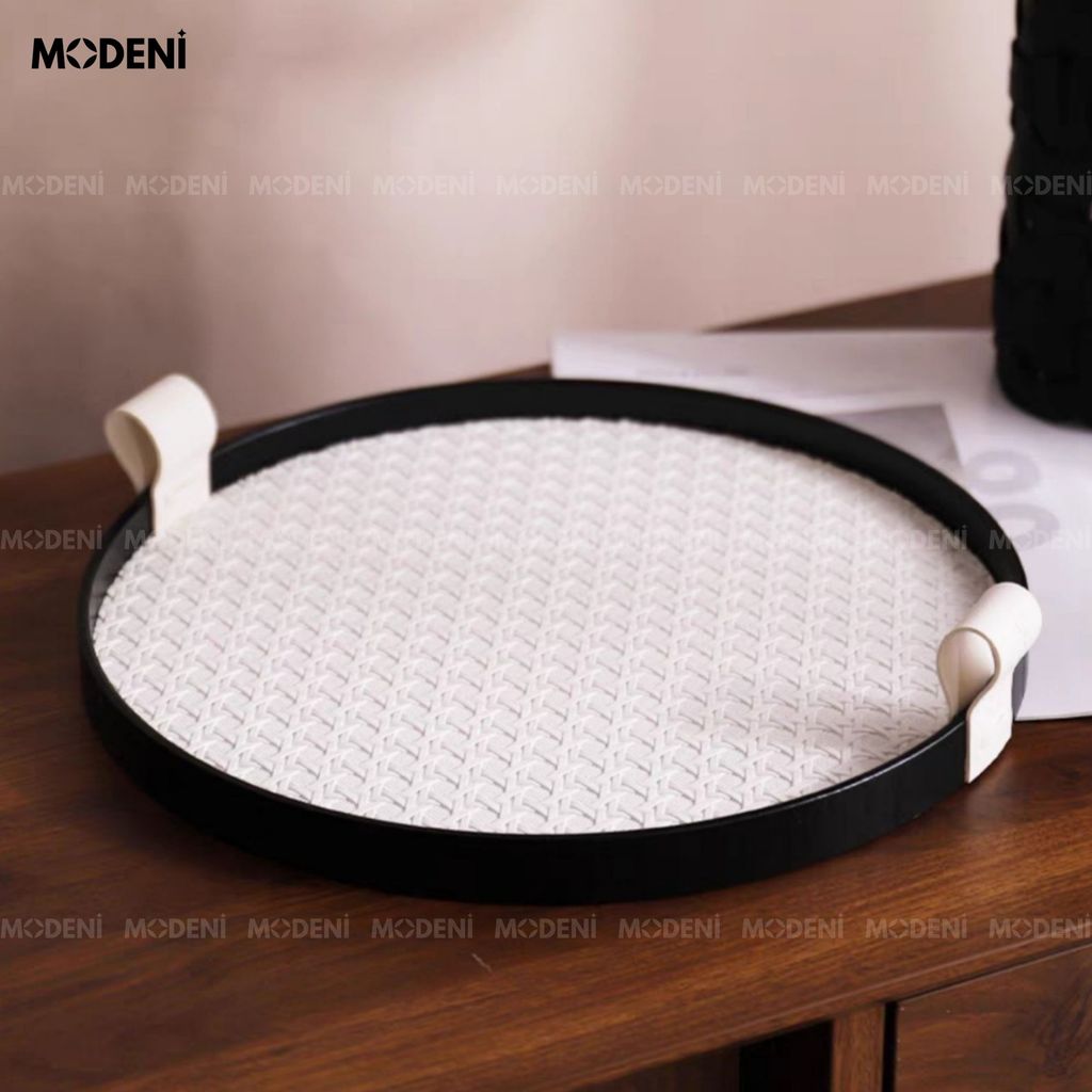 Khay Astrid Tròn Trắng – Decor Nhẹ Nhàng Hiện Đại – Mặt Da Vân Nghệ Thuật, Phù Hợp Bàn Sofa, Kệ Tủ, Bàn Trang Điểm Sang Trọng