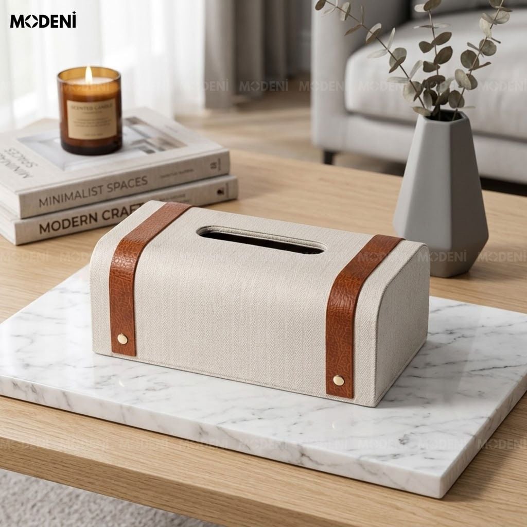 Hộp Khăn Giấy Kavet Da PU Phối Quai Nâu Dáng Rương Cổ Điển Màu Trắng Chống Bám Bụi Cho Bàn Trà Phòng Khách