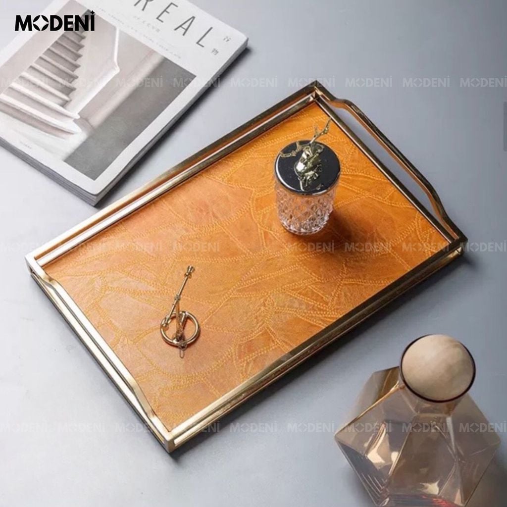Khay Tangeri – Khay Decor Da Cao Cấp – Gam Cam Tangerine Ấm Áp, Tay Cầm Kim Loại, Trang Trí Bàn Sofa, Phòng Khách Hiện Đại