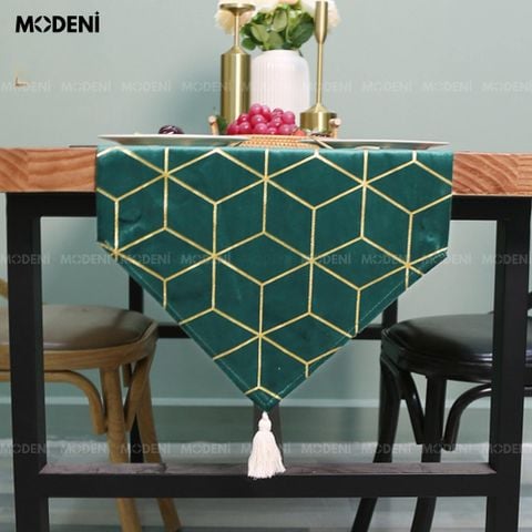  Khăn Runner Emerald Keno – Vải Polyester Xanh Ngọc, Hoạ Tiết Vàng Kim Cao Cấp – Tô Điểm Bàn Tiệc & Decor Quầy Bar Đẳng Cấp 
