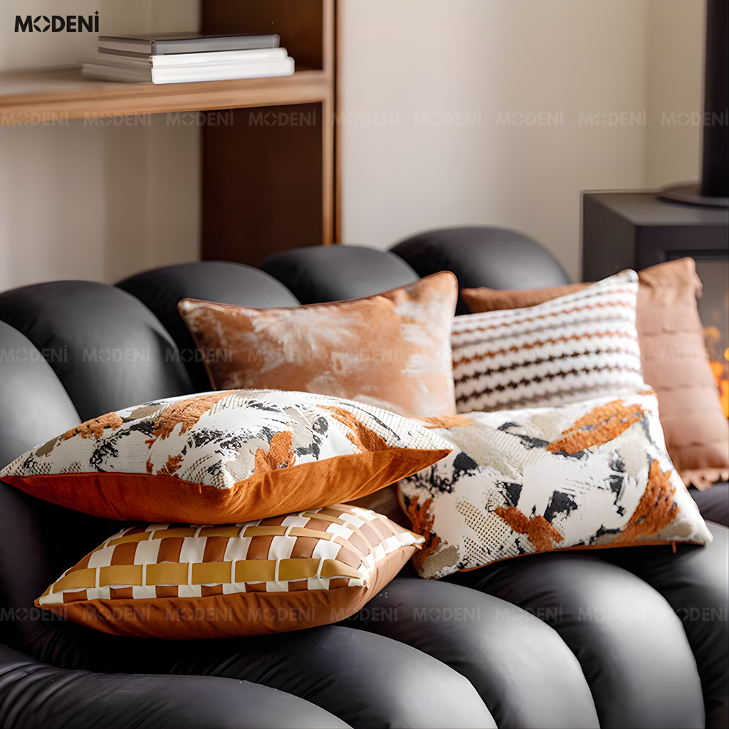 Vỏ Gối Sofa Woven – Da Microfiber Kết Hợp Vải Nhung Họa Tiết Caro Đa Lớp Đan Tay Hiện Đại