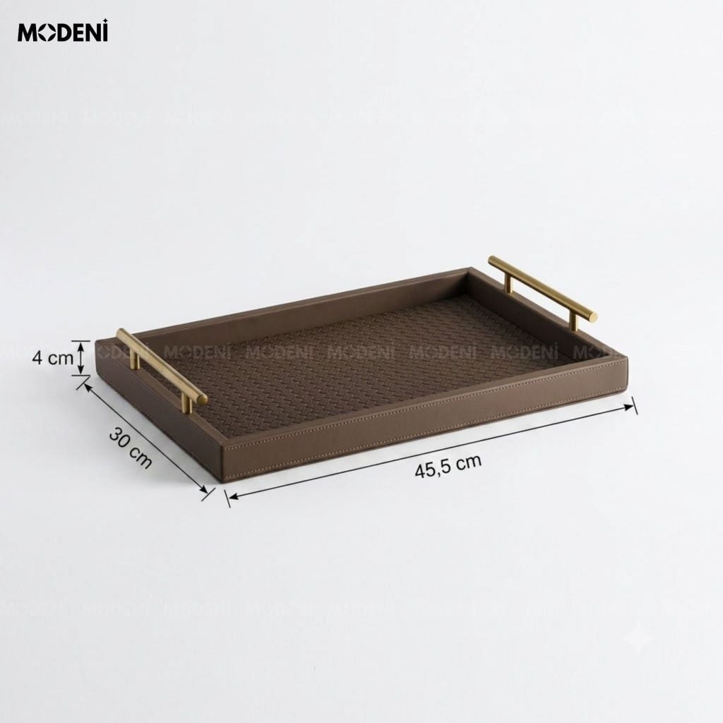 Khay Trang Trí Maroni Nâu Đậm Bọc Da PU Cao Cấp Tay Cầm Mạ Vàng Sang Trọng Cho Bàn Sofa
