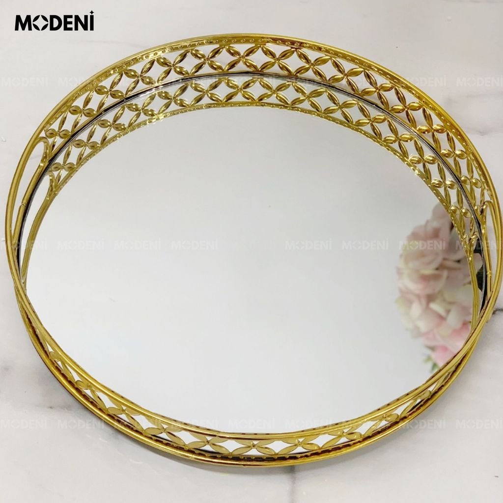 Khay Leona Tròn – Decor Mặt Gương Inox Vàng – Sang Trọng, Tinh Tế, Đậm Chất Châu Âu Cổ Điển Cho Bàn Trang Điểm, Sofa, Console