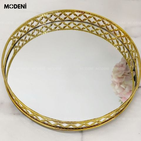 khay leona tròn mặt gương vàng decor bàn console sang trọng