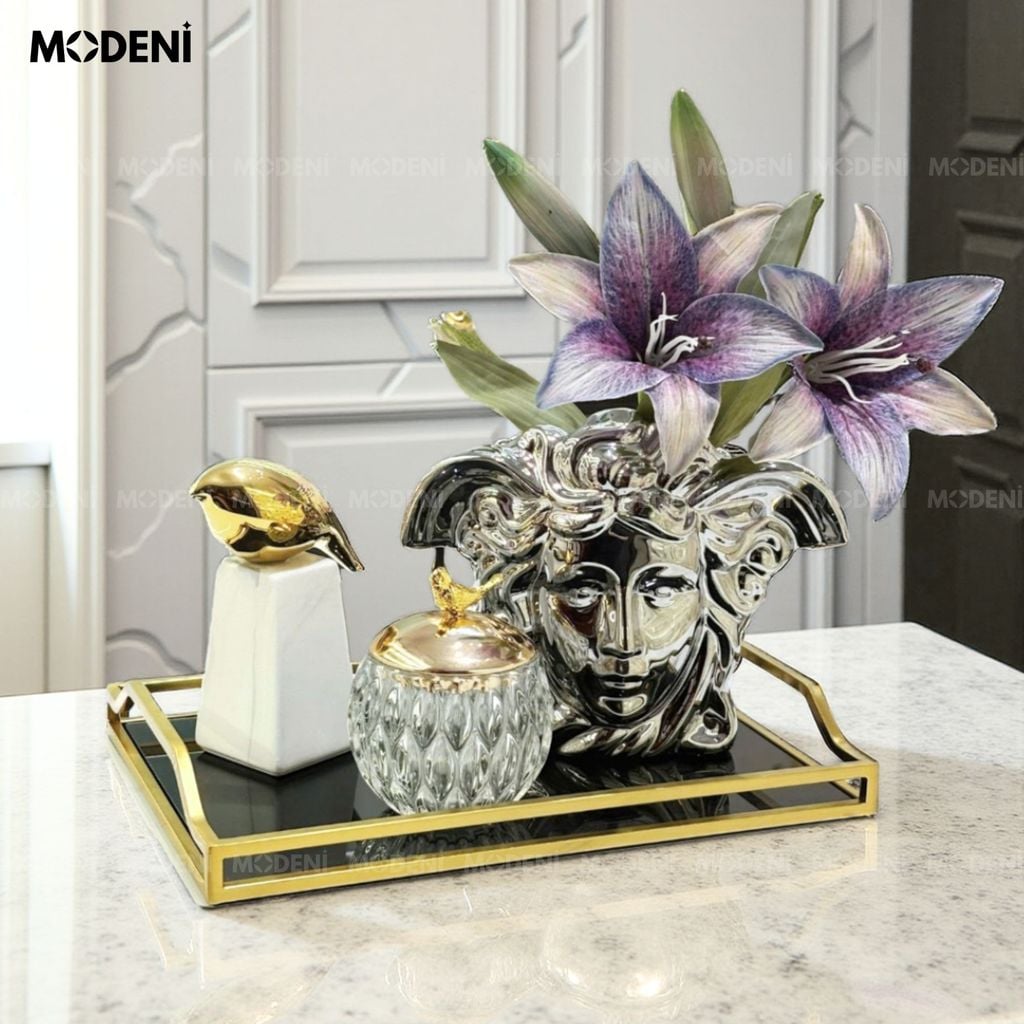 Khay Barocco Chữ Nhật – Decor Luxury Viền Vàng Mặt Gương Đen – Sang Trọng, Tinh Xảo Cho Bàn Console, Bàn Sofa Phong Cách Châu Âu Hiện Đại