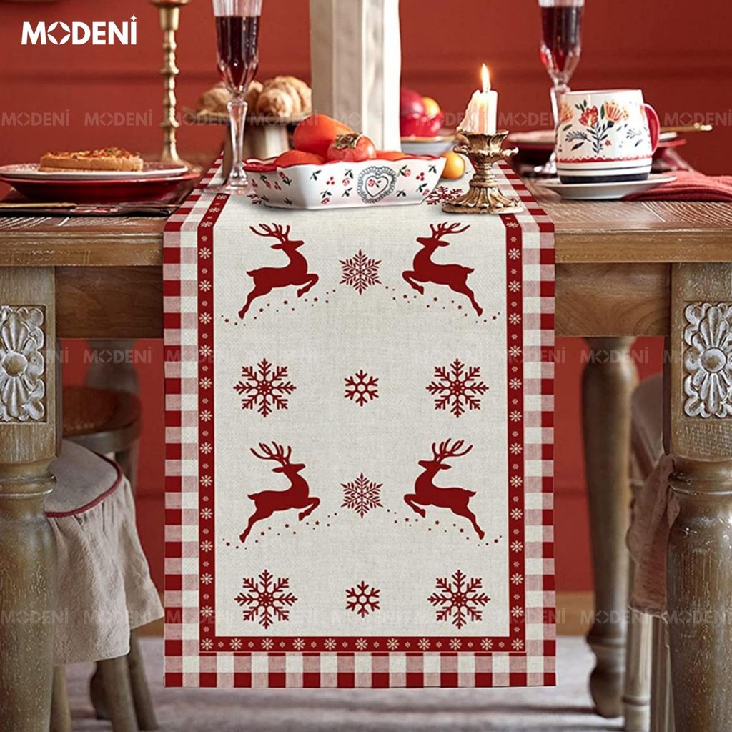 Khăn Trải Bàn Table Runner White Deer Cao Cấp – Trang Trí Giáng Sinh “Tuần Lộc Trên Tuyết” Nghệ Thuật – Table Runner Red Vintage