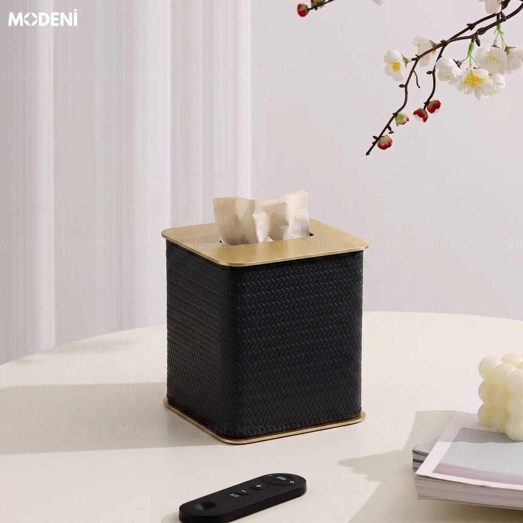 Hộp Khăn Giấy Keris Vuông Đen Da PU Cao Cấp Nắp Kim Loại Sang Trọng Cho Phòng Khách Và Văn Phòng