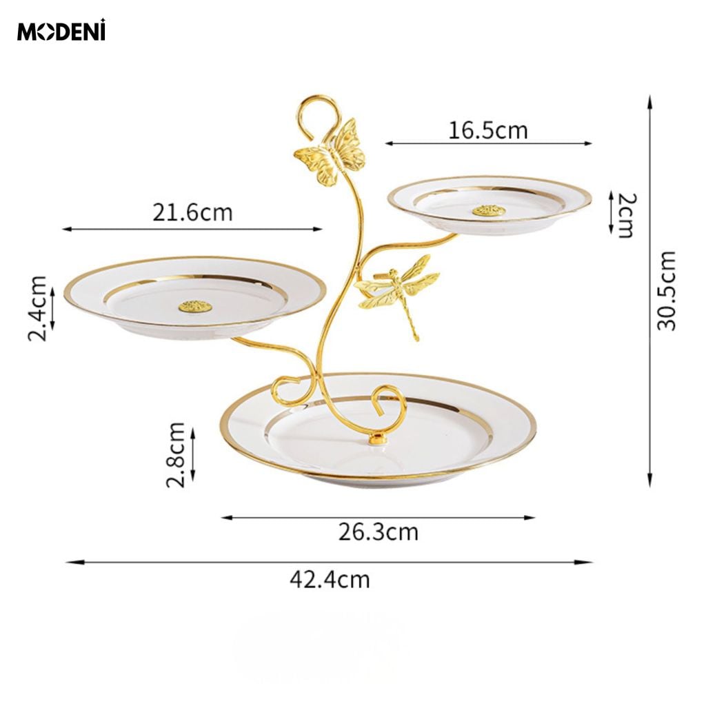 Khay 3 Tầng Papillon Trắng Kim Loại Phối Sứ Phong Cách Châu Âu Khung Mạ Vàng Đính Bướm Cho Bàn Tiệc Trà