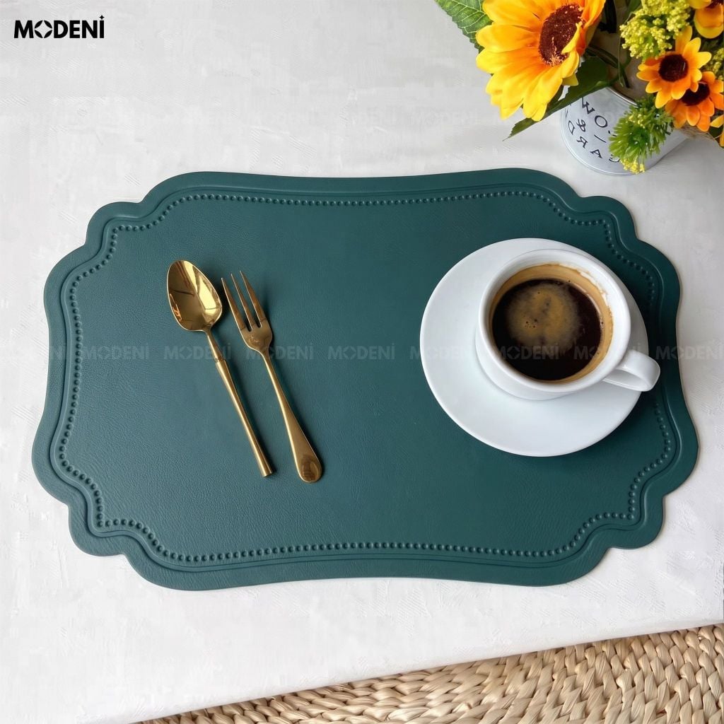 Tấm Lót Bàn Ăn Lancelot Placemat PVC Xanh Giả Da Tân Cổ Điển Chống Thấm Nước Cho Bàn Tiệc Hoàng Gia