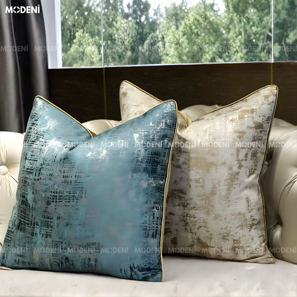 Vỏ Gối Sofa Monoline – Vải Jacquard Phối Nhung Họa Tiết Loang Ánh Kim May Khóa Ẩn Luxury
