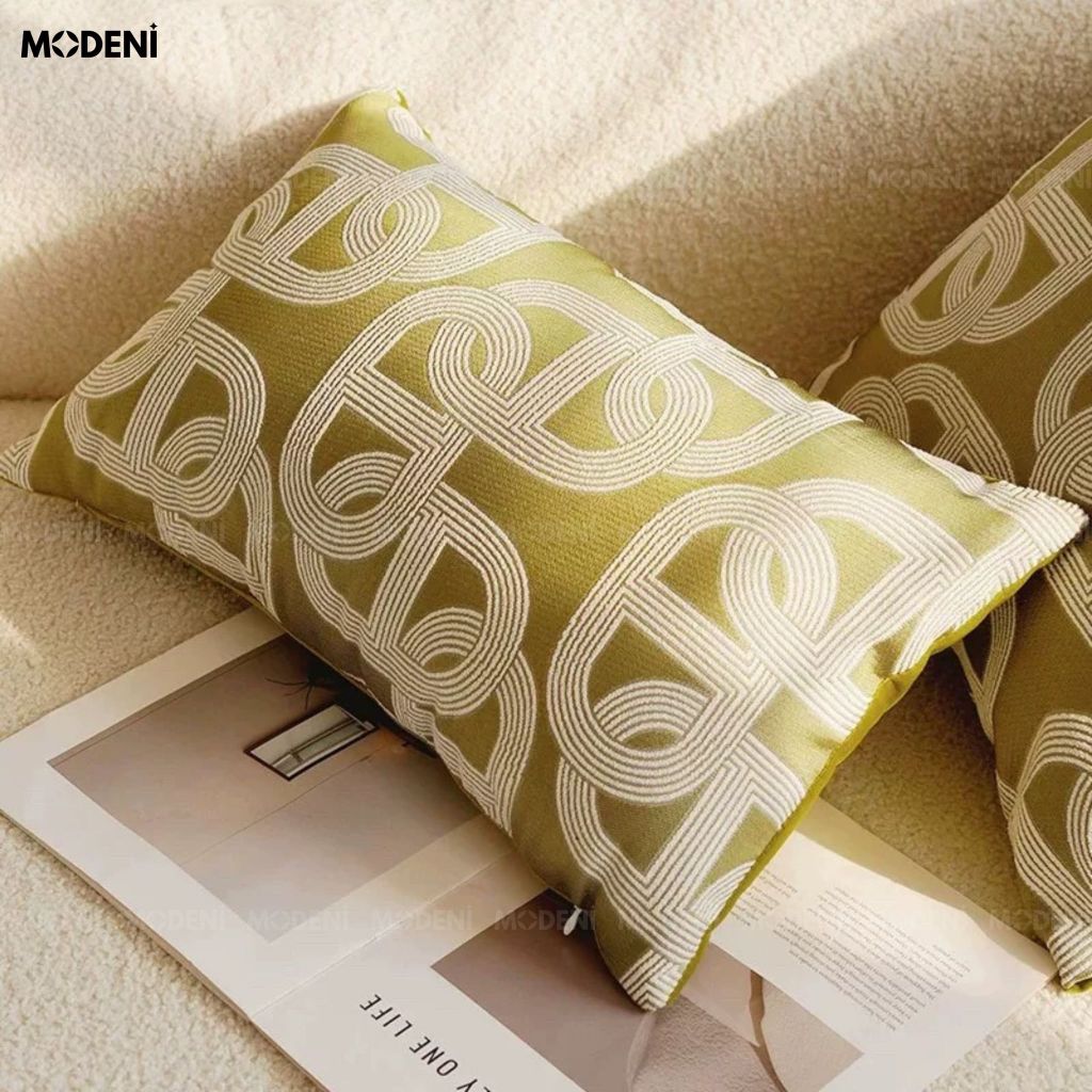 Vỏ Gối Sofa Tidal Xanh – Vải Jacquard Phối Cotton Linen Nút Dây Đan