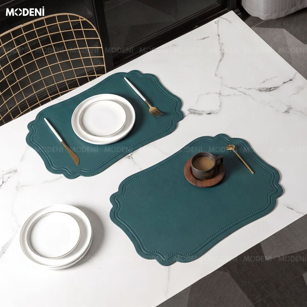 Tấm Lót Bàn Ăn Lancelot Placemat PVC Xanh Giả Da Tân Cổ Điển Chống Thấm Nước Cho Bàn Tiệc Hoàng Gia