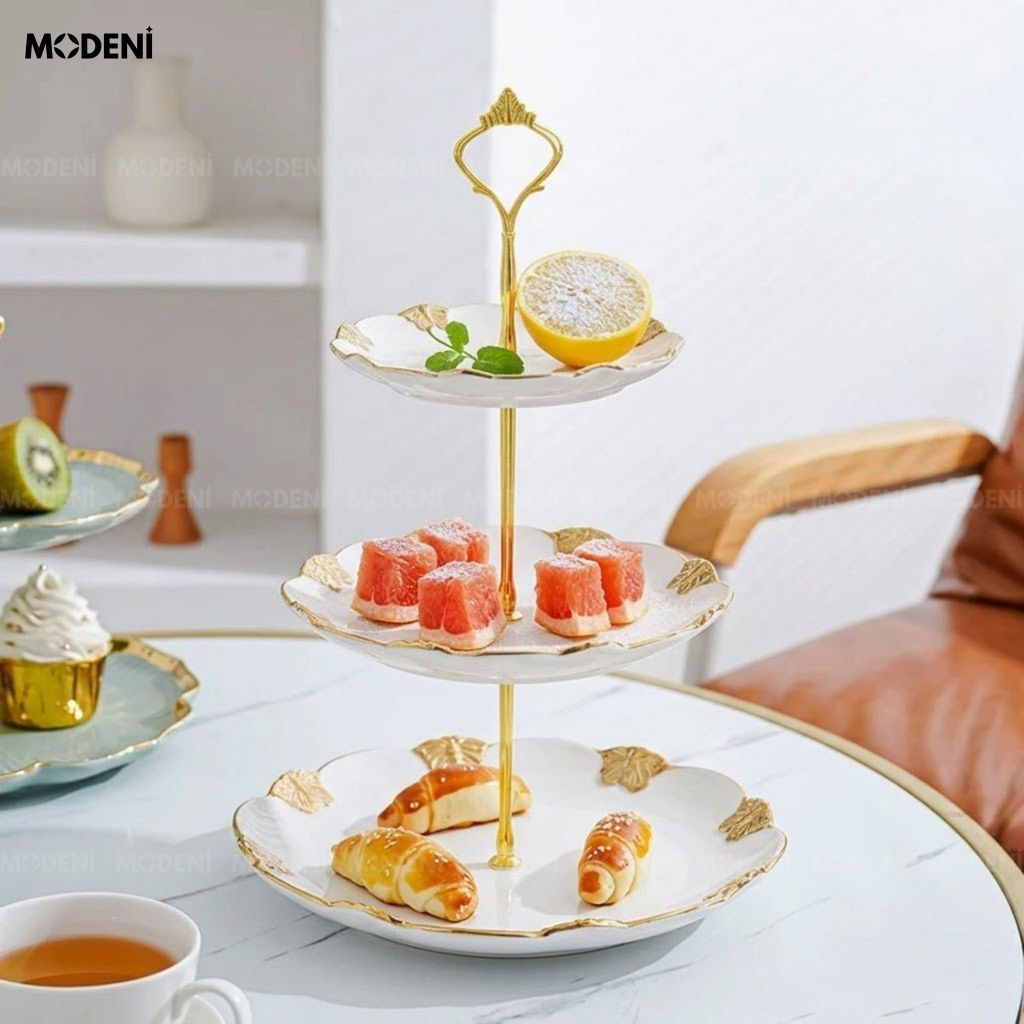 Khay 3 Tầng Mariposa Sứ Phối Kim Loại Phong Cách Châu Âu Viền Vàng Họa Tiết Bướm Cho Tiệc Trà