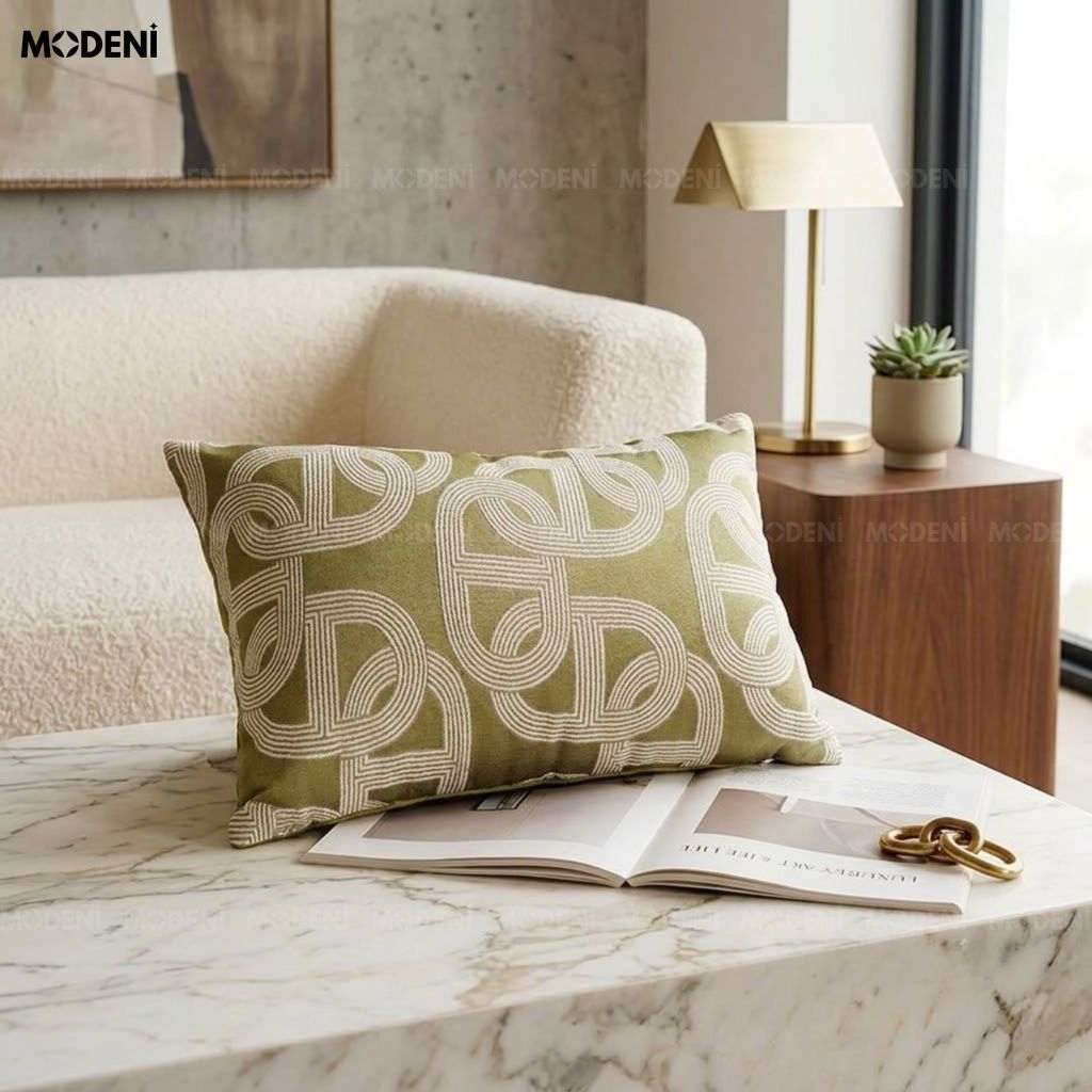 Vỏ Gối Sofa Tidal Xanh – Vải Jacquard Phối Cotton Linen Nút Dây Đan