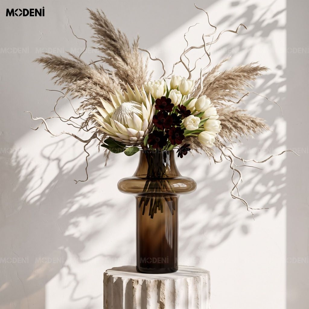Bình Hoa Thủy Tinh Artisan Nghệ Thuật Cao Cấp – Tông Trà Nâu Tối Giản – Decor Hiện Đại Japandi, Bàn Console, Kệ Tủ