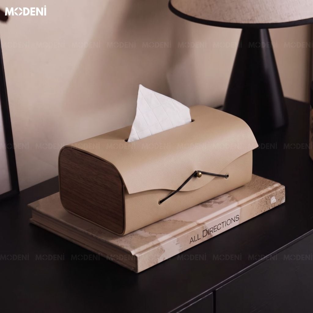 Hộp Khăn Giấy Elise Be Da Microfiber Cao Cấp Phối Ốp Vân Gỗ Japandi Tối Giản Tinh Tế Cho Phòng Ngủ Và Văn Phòng