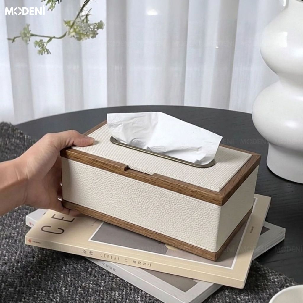 Hộp Khăn Giấy Orna Trắng Gỗ Phối Da Cao Cấp Phong Cách Japandi Tối Giản Sang Trọng Cho Phòng Ngủ Và Văn Phòng