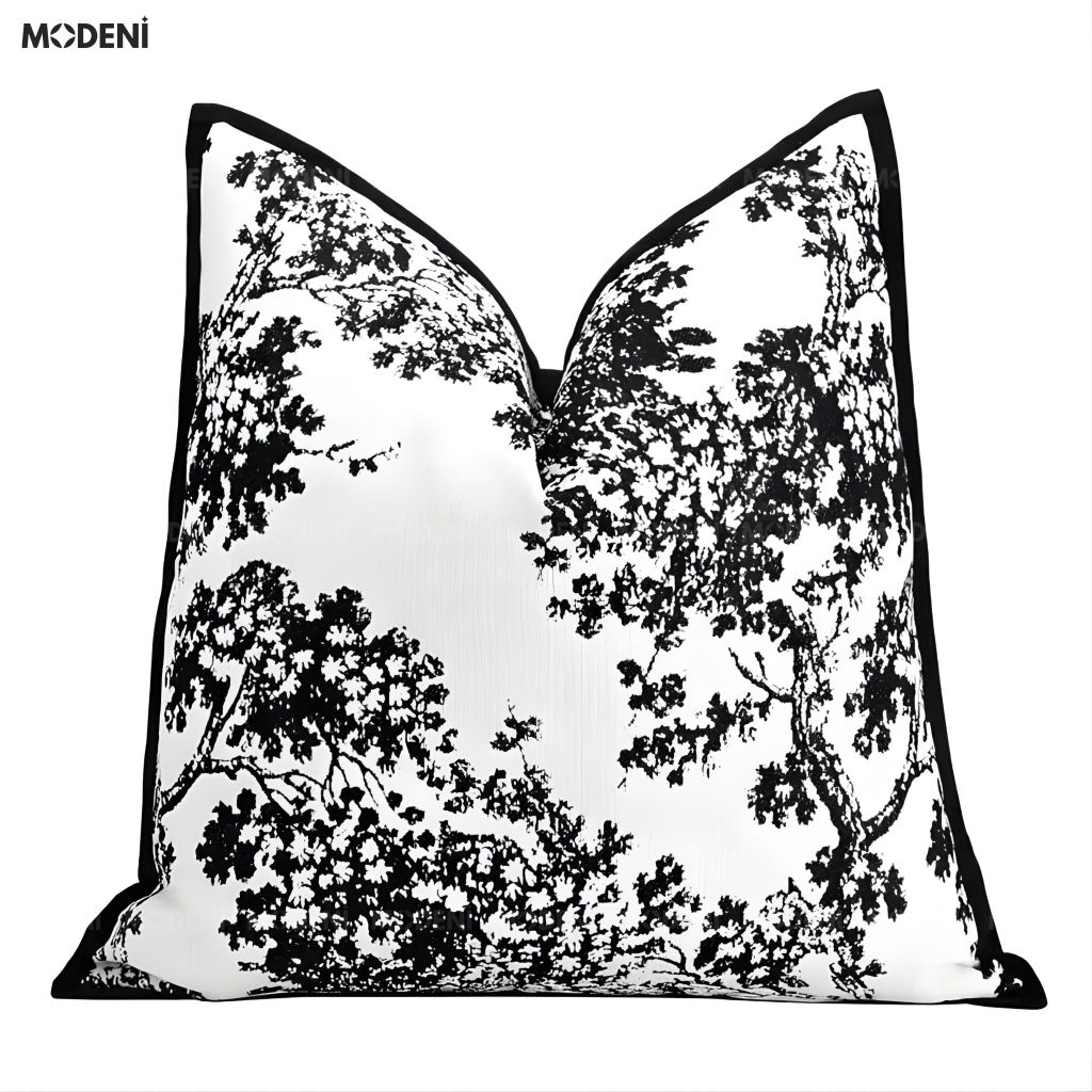 Vỏ gối sofa Flowink vải jacquard phối nhung họa tán cây thêu tay nordic