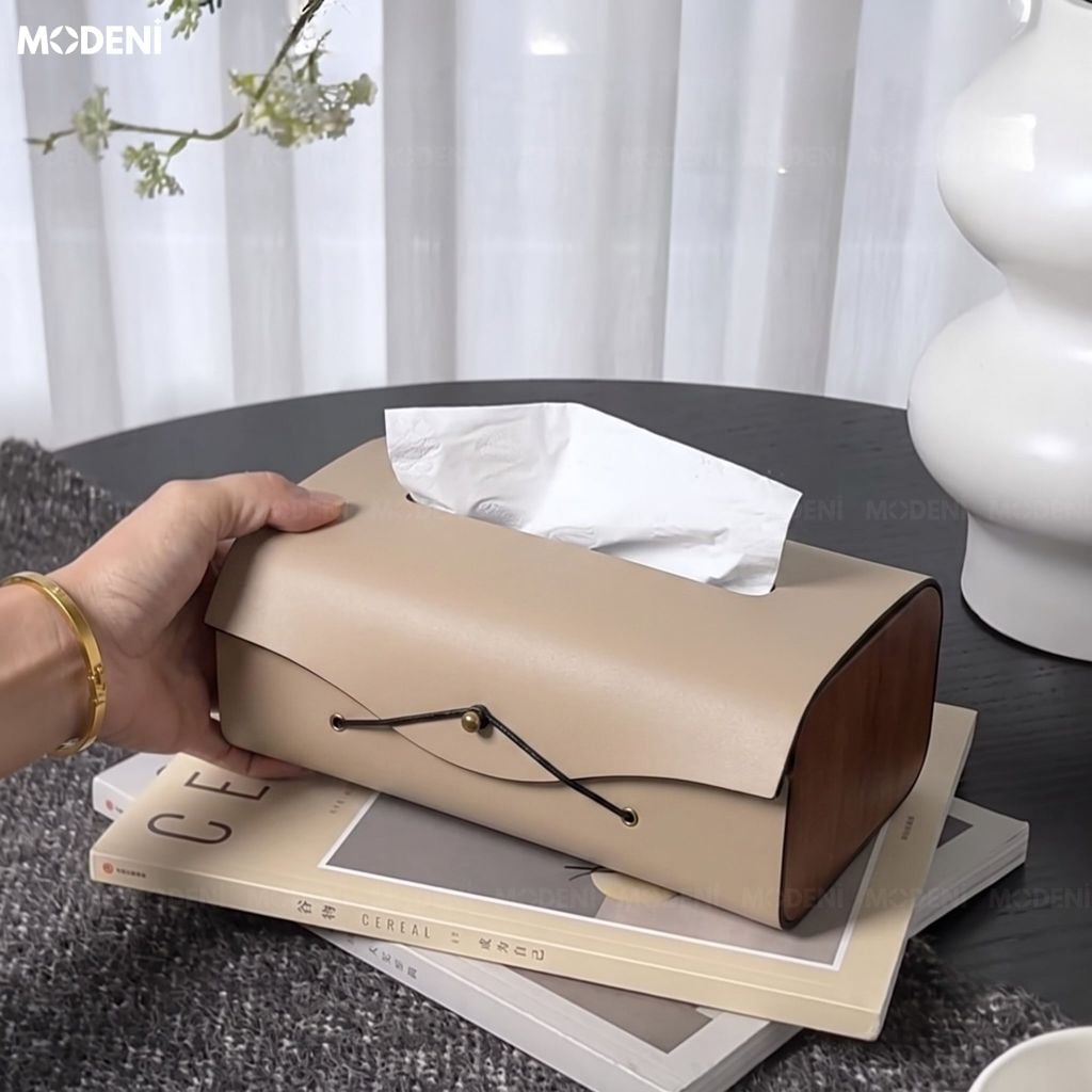 Hộp Khăn Giấy Elise Be Da Microfiber Cao Cấp Phối Ốp Vân Gỗ Japandi Tối Giản Tinh Tế Cho Phòng Ngủ Và Văn Phòng