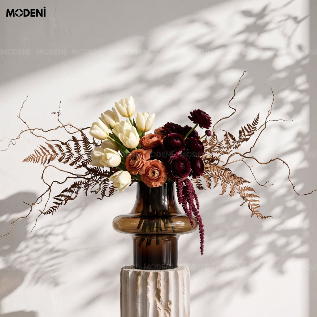 Bình Hoa Thủy Tinh Artisan Nghệ Thuật Cao Cấp – Tông Trà Nâu Tối Giản – Decor Hiện Đại Japandi, Bàn Console, Kệ Tủ