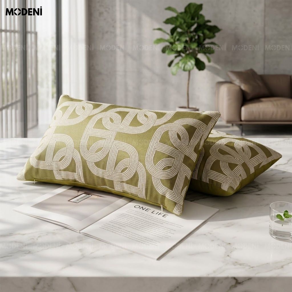 Vỏ Gối Sofa Tidal Xanh – Vải Jacquard Phối Cotton Linen Nút Dây Đan
