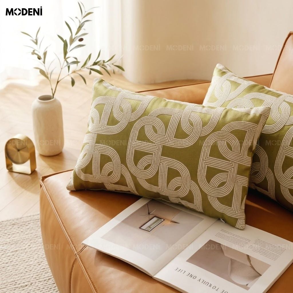 Vỏ Gối Sofa Tidal Xanh – Vải Jacquard Phối Cotton Linen Nút Dây Đan